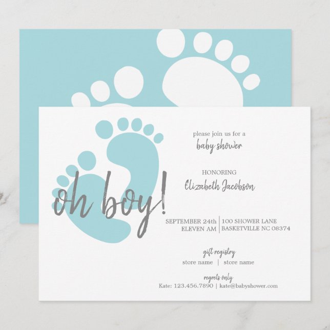 Babyskor för ljusblå fotavtryck inbjudningar (Fram/baksida)
