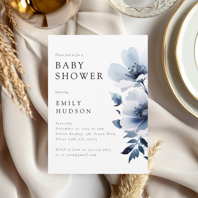Babyskor för marin blå Blommigt Inbjudningar (Skapare uppladdad)