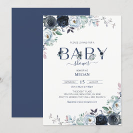 Babyskor för marin blå Boho-Blommigt Inbjudningar