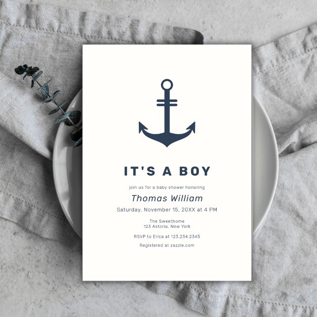 Babyskor för marin blå Elegant Nautical Anchor Inbjudningar (Navy Blue Elegant Nautical Anchor Baby Shower Invitation)