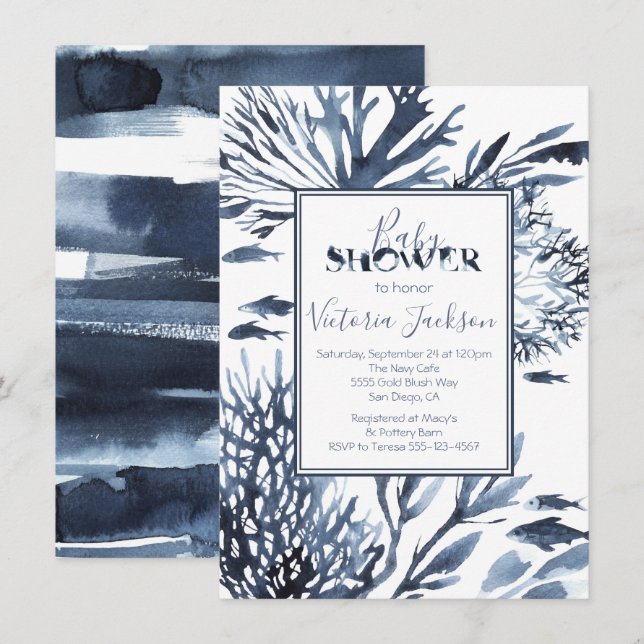 Babyskor för marin blått och vitt korallrev inbjudningar (Fram/baksida)