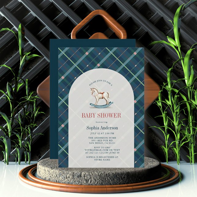 Babyskor för marint blå pset Rocking Horse Boy Inbjudningar (Skapare uppladdad)