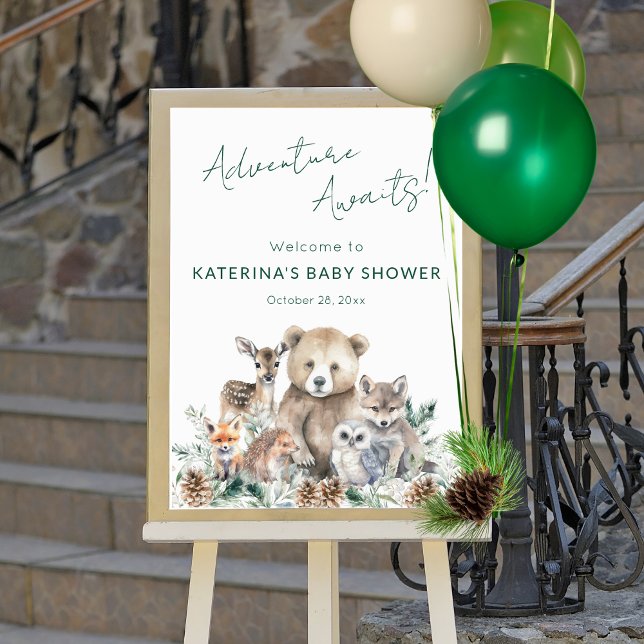 Babyskor för matlagningsdjur för matlagningsdjur poster (This woodland animal baby shower welcome sign features  winter greenery and a modern script.)