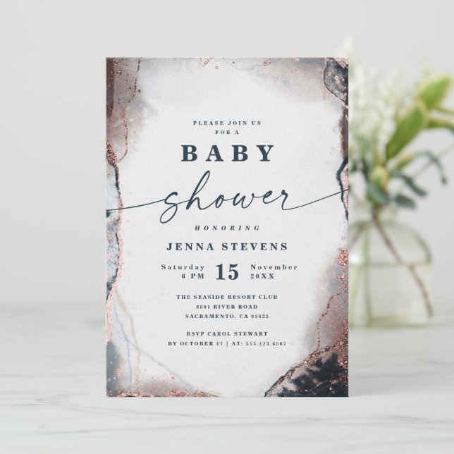 Babyskor för modern Abstrakt Navy & Ro Guld Inbjudningar (Stående Fram)
