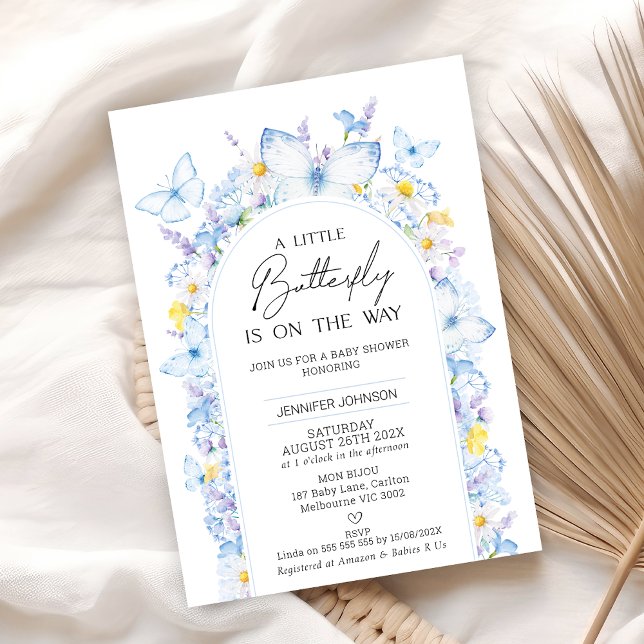 Babyskor för modern blå Wildblomma Inbjudningar (Modern Blue Wildflowers Little Butterfly Baby Shower Invitation, Summer Butterfly Themed Baby Shower)