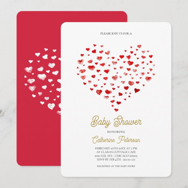 Babyskor för modern Elegant Red Hearts Inbjudningar (Fram/baksida)