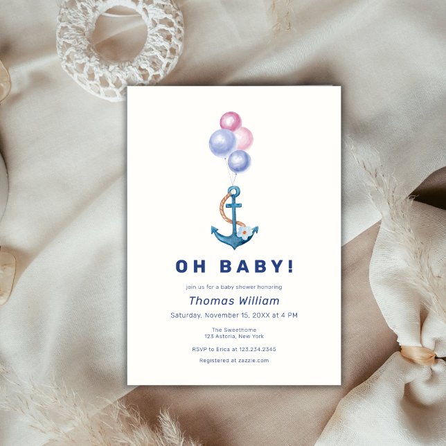 Babyskor för modern nautisk fästpunkt inbjudningar (Modern Nautical Anchor Balloon Baby Shower Invitation)