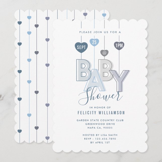 Babyskor för modern String Blue Baby Brev Hearts Inbjudningar (Fram/baksida)