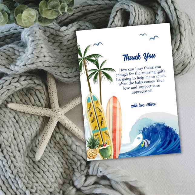 Babyskor för modernt blå havsyta tack kort (Modern Blue Ocean Wave Surfboard Baby Shower Thank You Card)