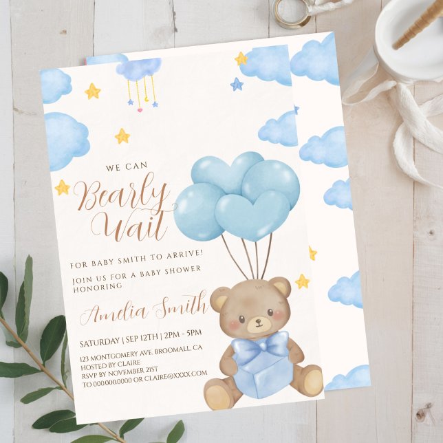 Babyskor för nalle Blue Tan Bubblare Inbjudningar (Skapare uppladdad)