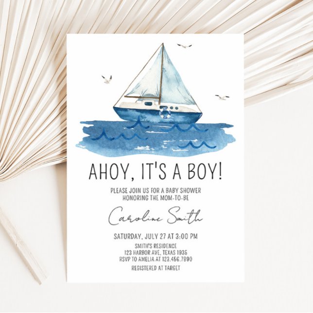 Babyskor för nautisk sjöbåt inbjudningar (Ahoy It’s A Boy Baby Shower Invitation)