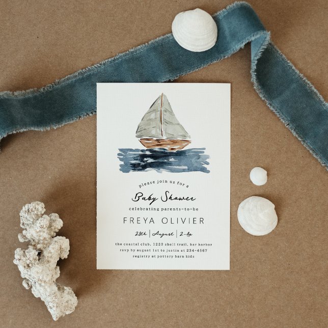 Babyskor för nautisk vattenfärgssegelbåt inbjudningar (Blue nautical watercolor sailboat modern baby shower invitation.)