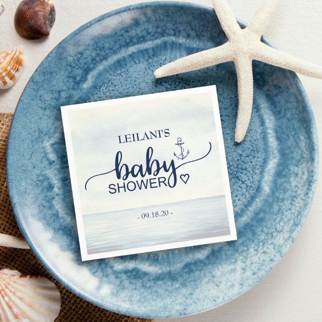 Babyskor för Nautiskt hav Pappersservett (This nautical design napkin features a watercolor ocean background with baby shower in a fun font.)