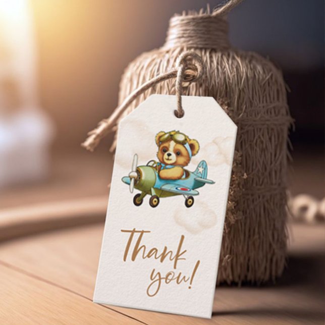 Babyskor för nya Äventyr-Nallen Presentetikett (New Adventure Teddy bear Airplane Baby Shower Gift Tags)