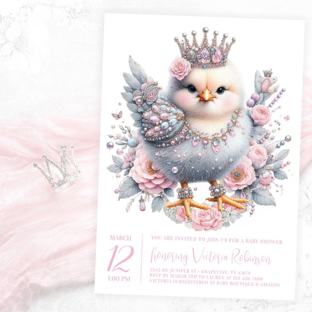 Babyskor för påsk Chick Inbjudningar (Precious newborn chick with jewels and crown on a pink floral background. )