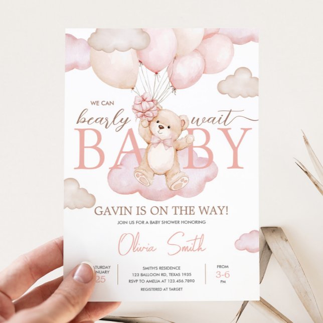Babyskor för rosa Baby Bear Balloon Inbjudningar (Pink Bearly Wait Baby Bear Balloon Baby Shower Invitation
)