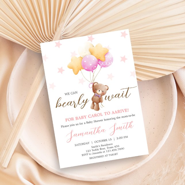 Babyskor för rosa Bear Balloon Inbjudningar (Girl We Can Bearly Wait Balloon Baby Shower Invitation)