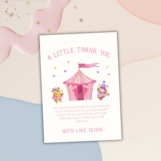 Babyskor för rosa Cute Unique Circus Bear Monkey Tack Kort (Pink Cute Unique Circus Bear Monkey Baby Shower Thank You Card)