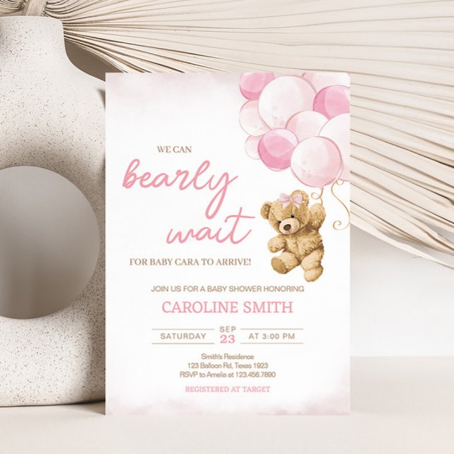 Babyskor för rosa Nalle Inbjudningar (Pink Balloon Bear Baby Shower Invitation)