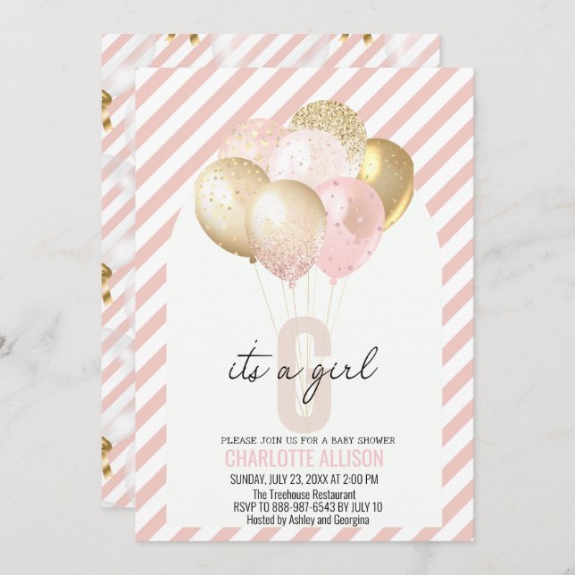 Babyskor för rosa och Guld Inbjudningar (Fram/baksida)