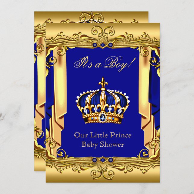 Babyskor för royal Blue Navy Guld Krona Inbjudningar (Fram/baksida)
