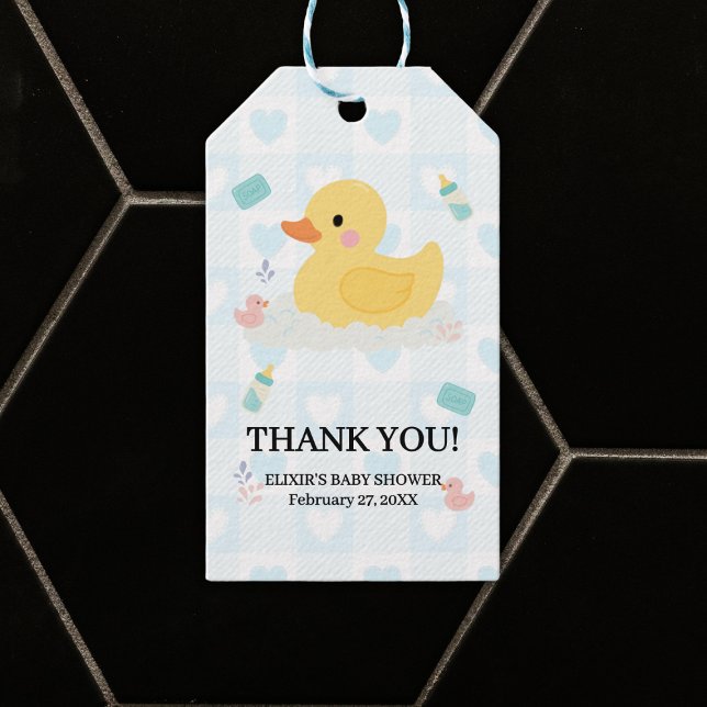 Babyskor för Rubber Anka Blue Hearts Baby Shower Presentetikett (Skapare uppladdad)