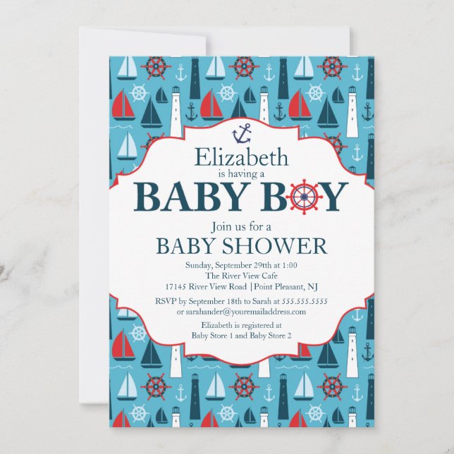 Babyskor för sjöbåtsbåtar i Nautiskt fyr Inbjudningar (Framsida)