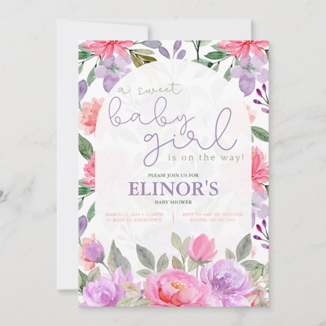 Babyskor för Sweet Flicka Lila & Rosa Blommigt Inbjudningar (Framsida)