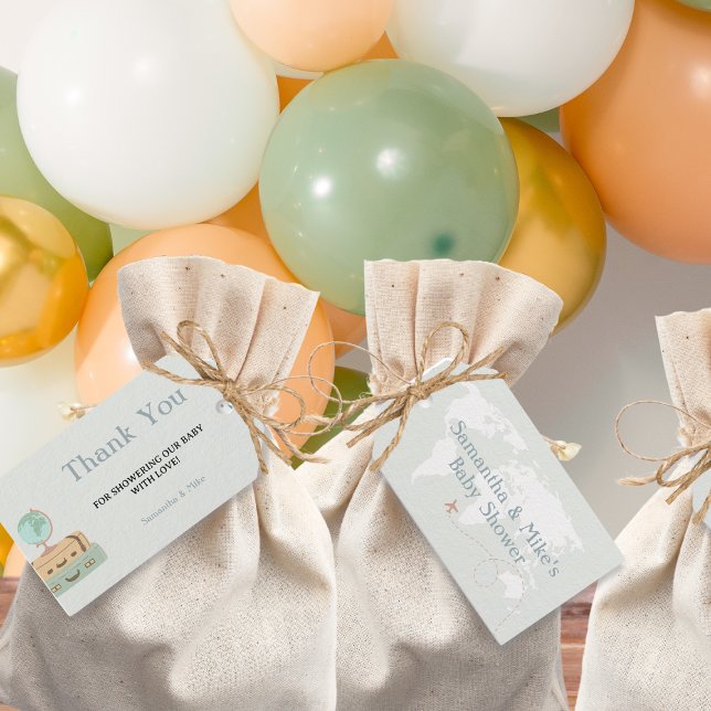 Babyskor för Tack World Map Shower Äventyr Presentetikett (Thank You Adventure World Map Baby Shower Gift Tags)