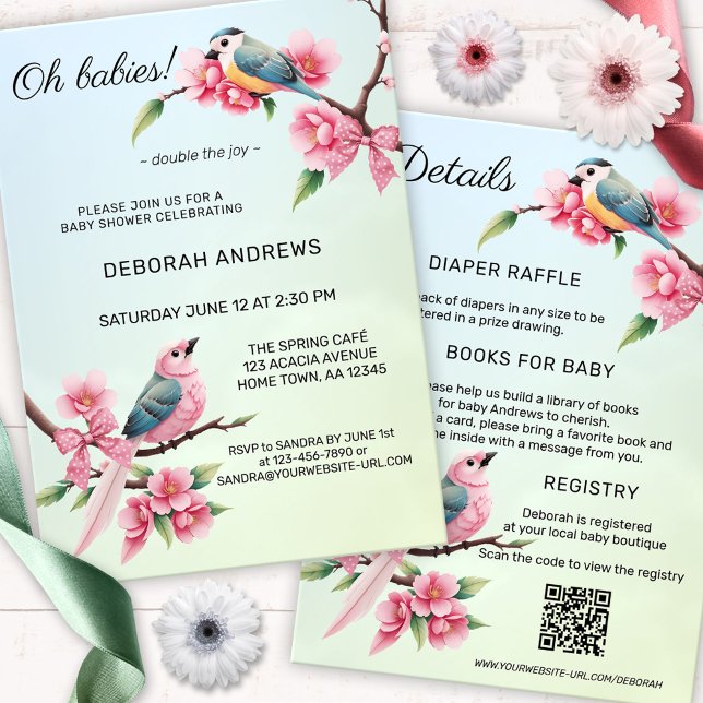 Babyskor för Twillingar i matta fågelfält Inbjudningar (Gender neutral baby shower invitation with two pretty birds with bows on flower branches - QR code)