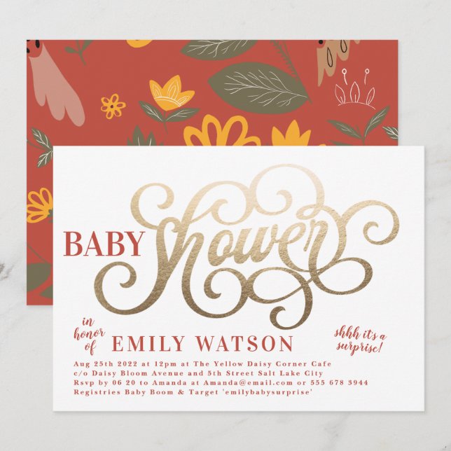 Babyskor för vanlig vit Rustic Land-guldblomma Inbjudningar (Fram/baksida)