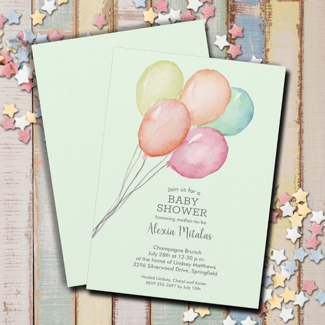 Babyskor för vattenfärgbubblor inbjudningar (Watercolor balloons unisex baby shower invitations, PRINTED and/or INSTANT DOWNLOAD)