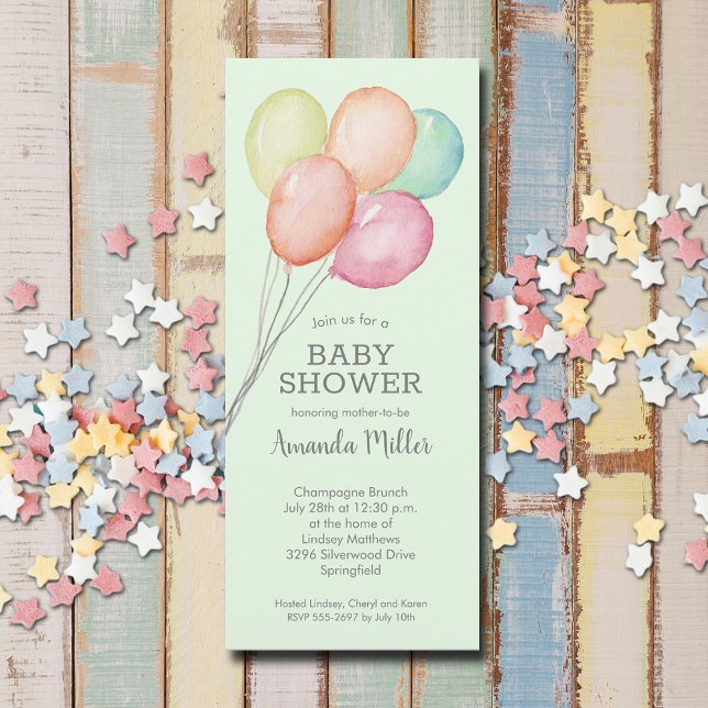 Babyskor för vattenfärgbubblor inbjudningar (Watercolor balloons unisex baby shower invitations, PRINTED and/or INSTANT DOWNLOAD)