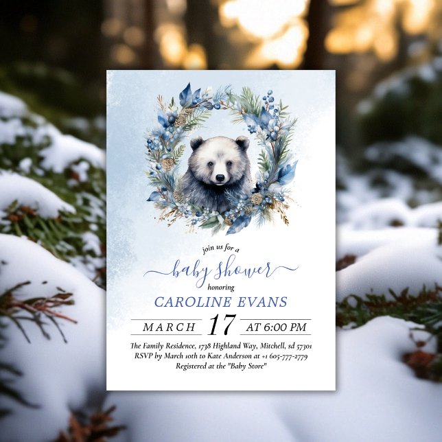 Babyskor för vinterbjörn med vattenfärg inbjudningar (Winter Bear Watercolor Baby Shower Invitation)