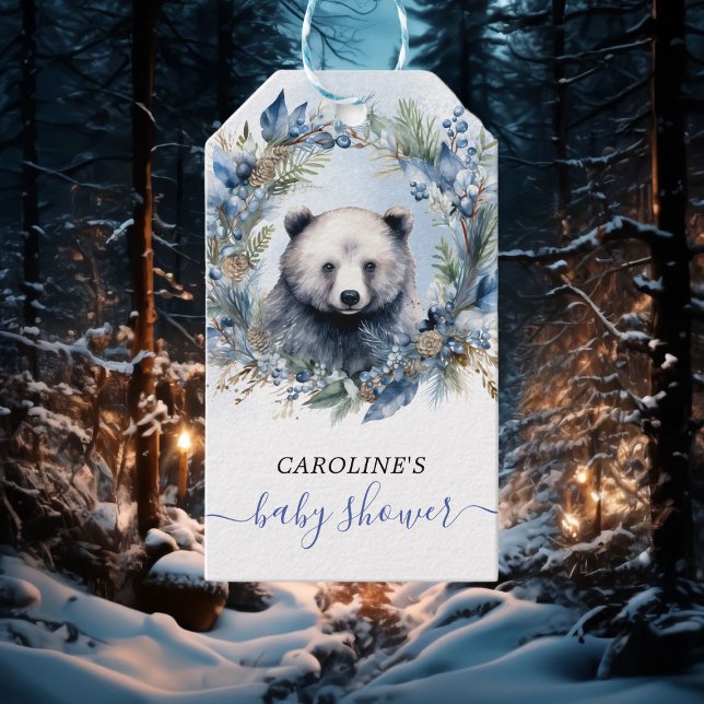 Babyskor för vinterbjörn med vattenfärg presentetikett (Winter Bear Watercolor Baby Shower Gift Tags)