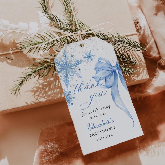 Babyskor för vinterblått Snöflingor Presentetikett (Skapare uppladdad)