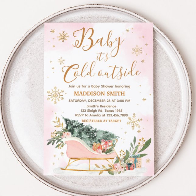 Babyskor för vinterskodon Rosa Guld Snowflake Inbjudningar (Pink Sleigh Baby Shower Invitation)