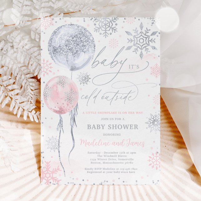 Babyskor för vinterskodon Rosa Silver Snowflake Inbjudningar (Skapare uppladdad)