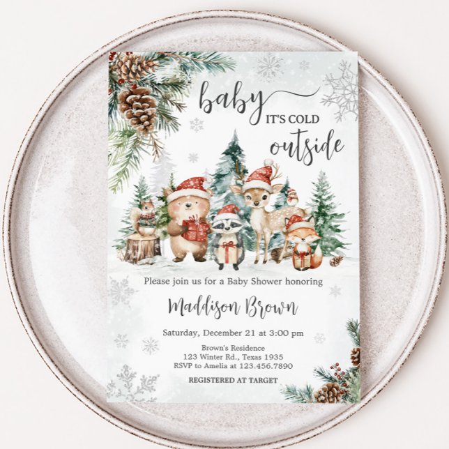 Babyskor för vinterträdsdjur inbjudningar (Winter Woodland Forest Animals Baby Shower Invitation
)