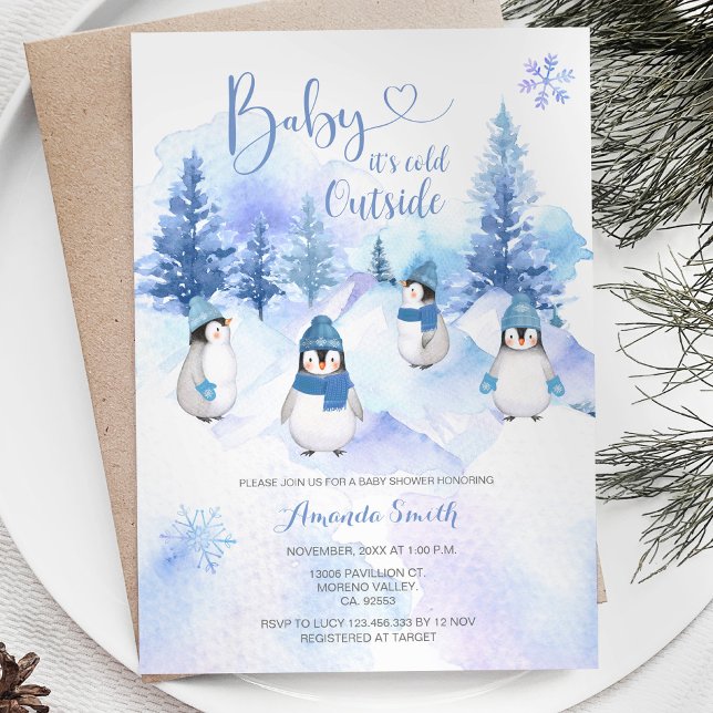 Babyskor för Winter Blue Hat Penguin Snöflingor Inbjudningar (Skapare uppladdad)