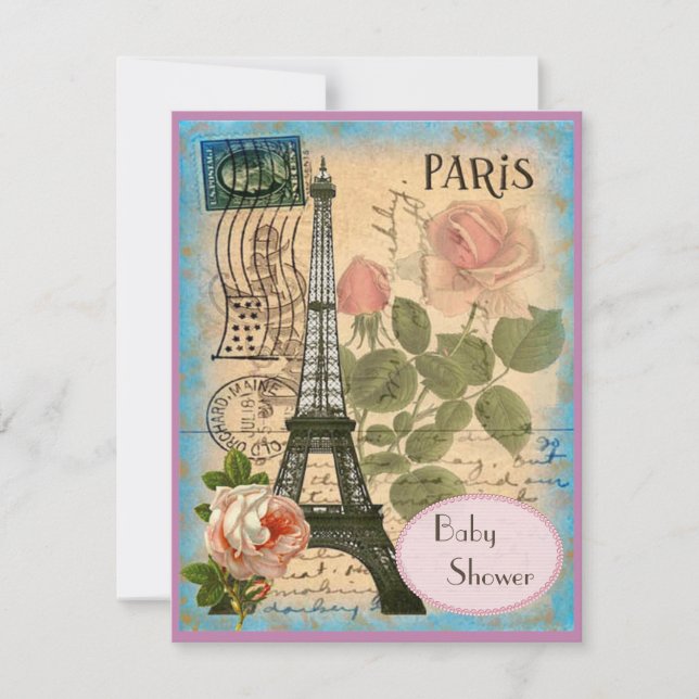 Babyskor från Shabby chic Paris Eiffel Torn & Roso Inbjudningar (Framsida)
