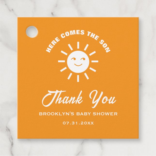 Babyskor här kommer Son Sol Orange White Gåvor Etiketter (Framsida)