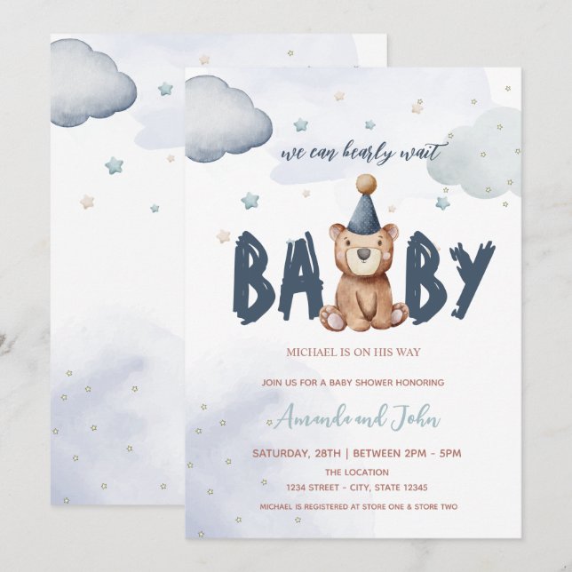 Babyskor i Baby Nalle Stars Clouds Baby Shower Inbjudningar (Fram/baksida)