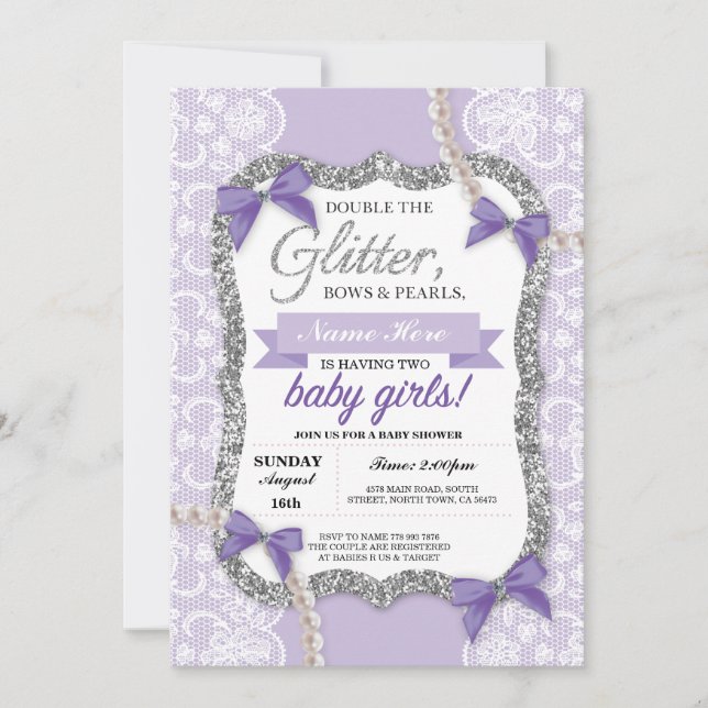 Babyskor Lila Glitter Bow Twillingars Girls Inbjud Inbjudningar (Framsida)
