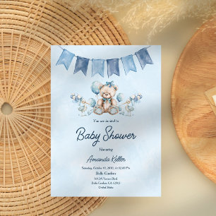 Babyskor med blå Baby-björn och ballonger Inbjudningar