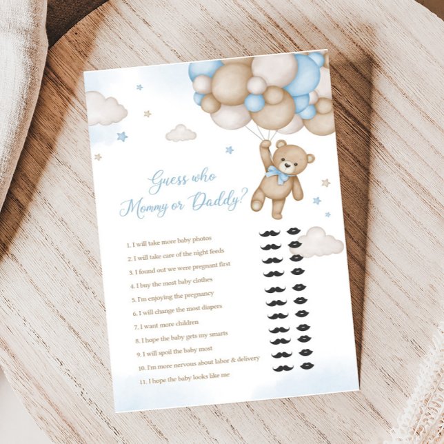 Babyskor med blå babyballar Gissa vem som spelar s (Blue Bear Baby Shower Guess who Mommy or Daddy Game)