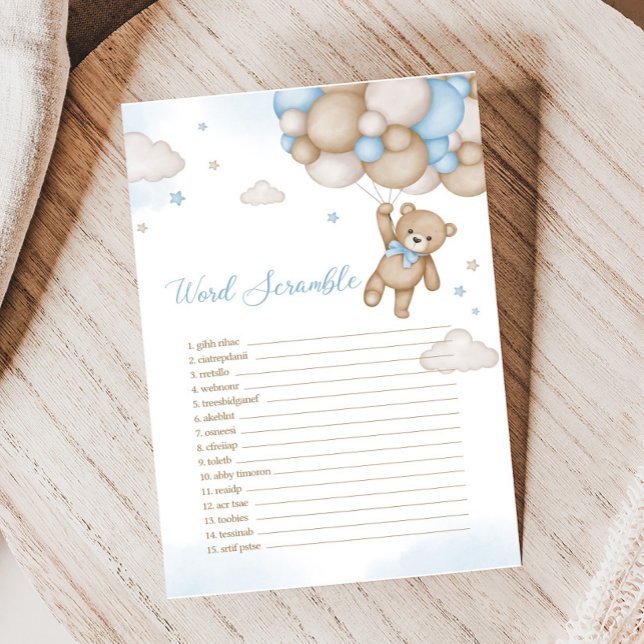 Babyskor med blå björn, babykläder, skam i Ord (Blue Bear Baby Shower Word Scramble Game)