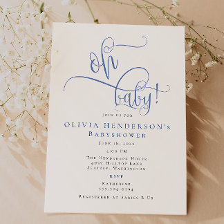 Babyskor med modern minimalistisk blå kalligrafi inbjudningar