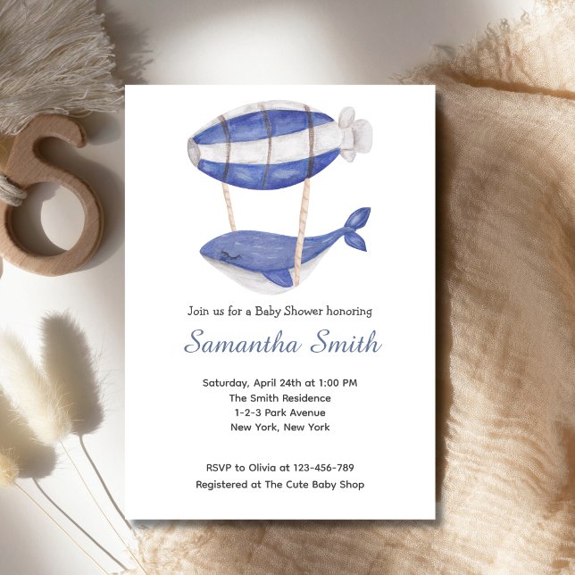 Babyskor med vattenfärg Blue Whale Luft Ballon Inbjudningar (Watercolor Blue Whale Air Balloon Baby Shower Invitation)