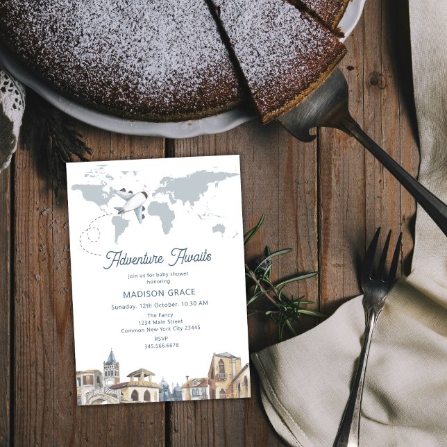 Babyskor på Äventyr i världskartan för Inbjudningar (Travel Adventure World Map Airplane Baby Shower Invitation)